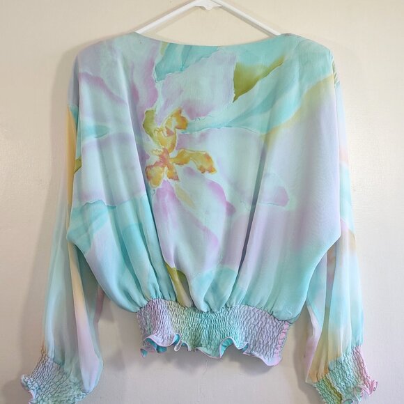 Yolanda Lorente Hand Painted Pastel Floral Silk Blouse Flowy Chiffon Small - Picture 6 of 13